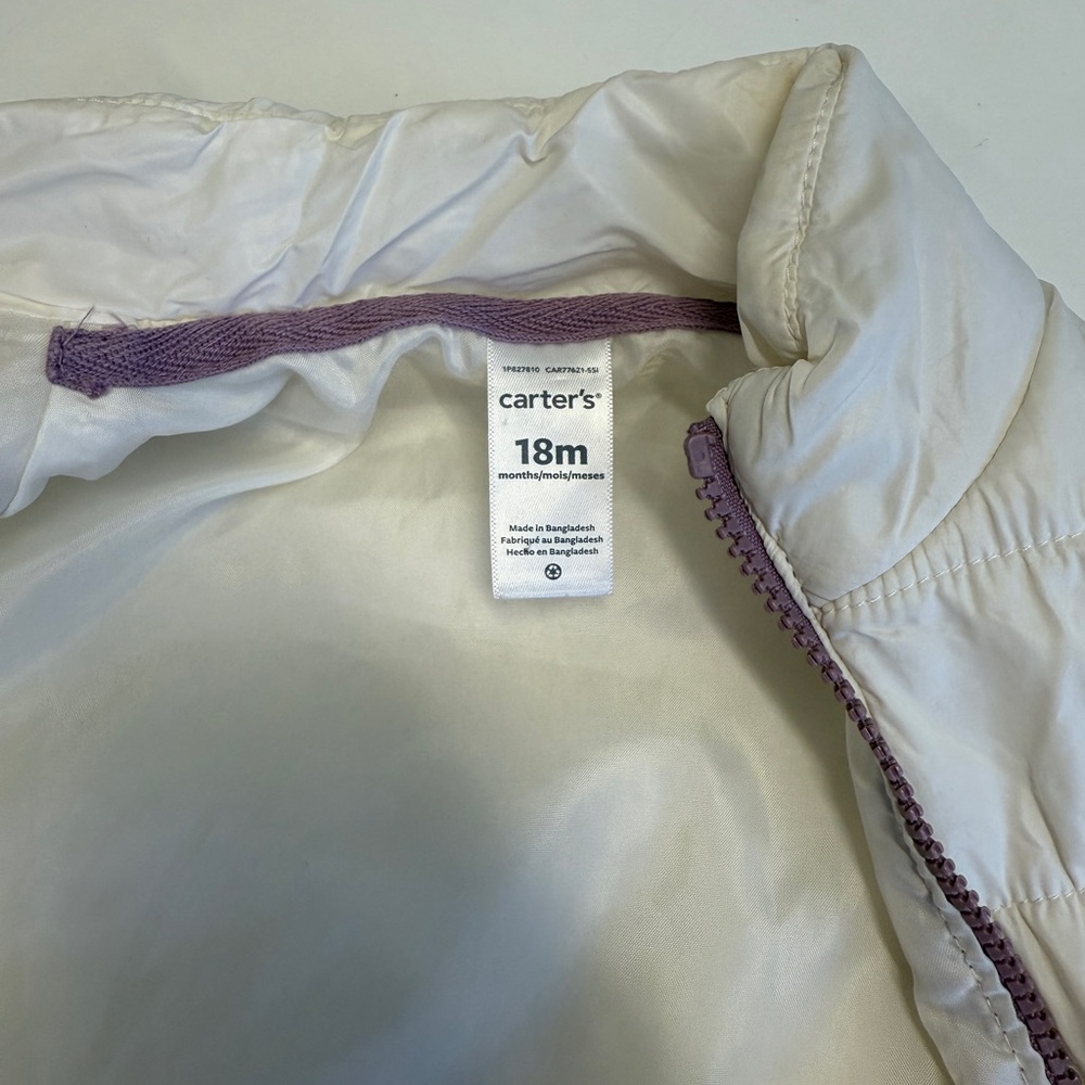 Carter's Cream Puffer Vest with Purple Zipper - Picture 2 of 4